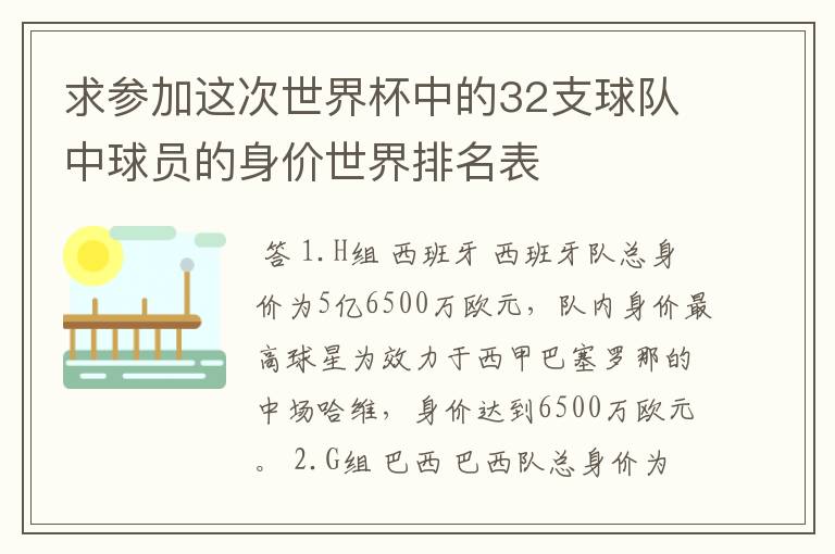 求参加这次世界杯中的32支球队中球员的身价世界排名表