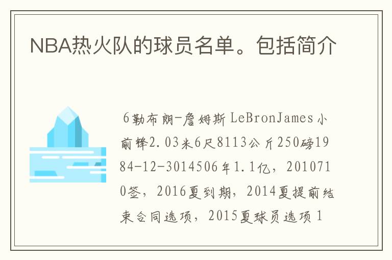 NBA热火队的球员名单。包括简介