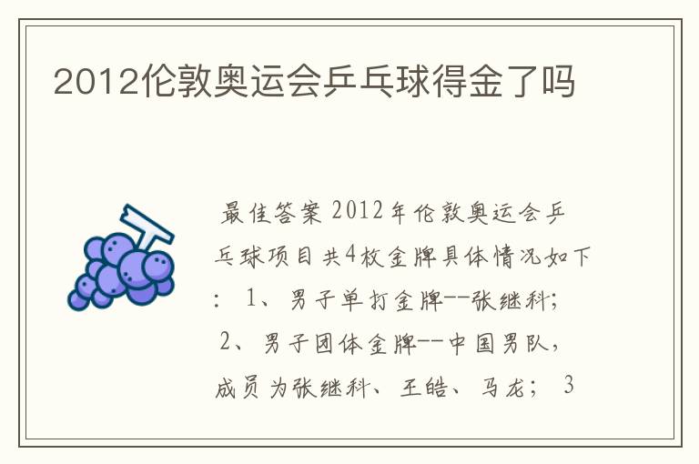 2012伦敦奥运会乒乓球得金了吗