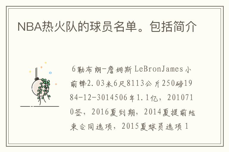 NBA热火队的球员名单。包括简介