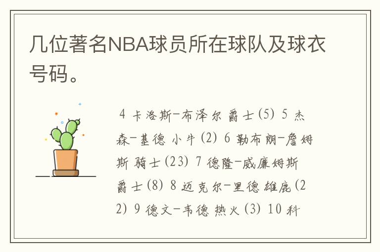 几位著名NBA球员所在球队及球衣号码。