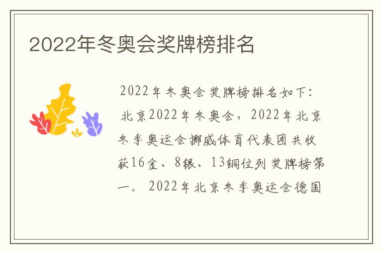 2022年冬奥会奖牌榜排名