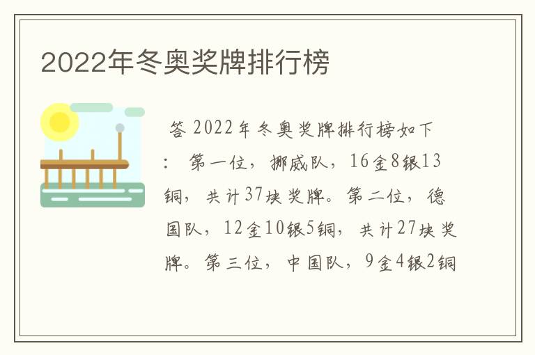 2022年冬奥奖牌排行榜