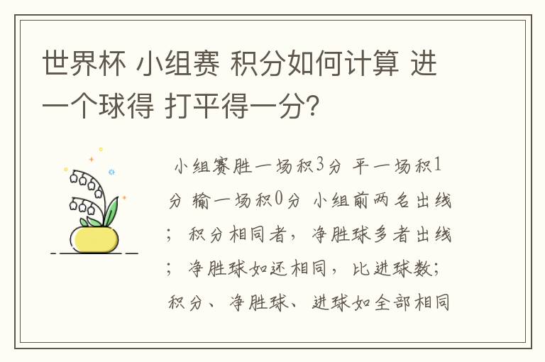 世界杯 小组赛 积分如何计算 进一个球得 打平得一分？