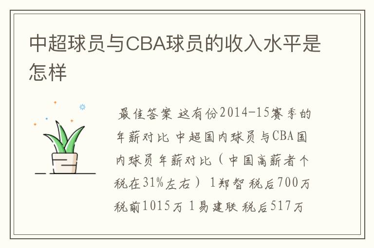 中超球员与CBA球员的收入水平是怎样