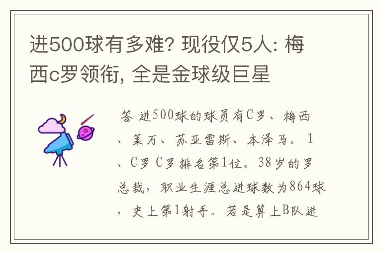 进500球有多难? 现役仅5人: 梅西c罗领衔, 全是金球级巨星