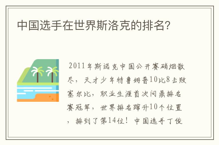 中国选手在世界斯洛克的排名？