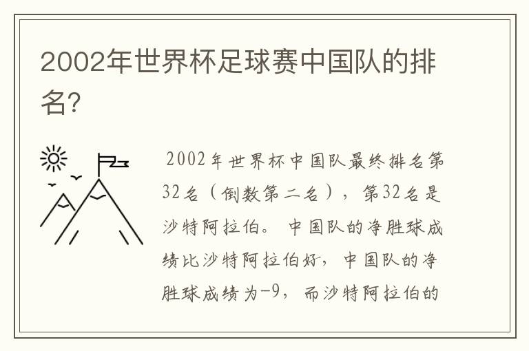 2002年世界杯足球赛中国队的排名？