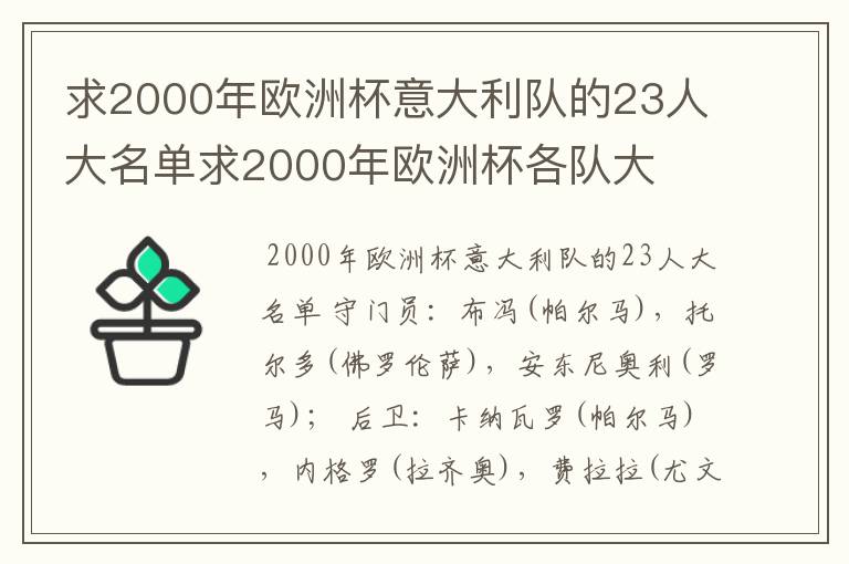 求2000年欧洲杯意大利队的23人大名单求2000年欧洲杯各队大