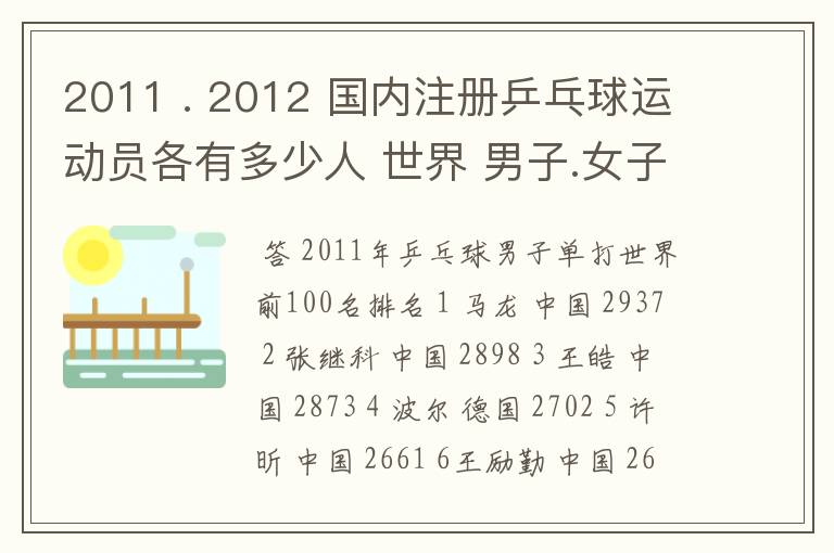 2011 . 2012 国内注册乒乓球运动员各有多少人 世界 男子.女子 排名前100的名单