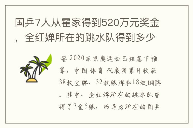 国乒7人从霍家得到520万元奖金，全红婵所在的跳水队得到多少呢？