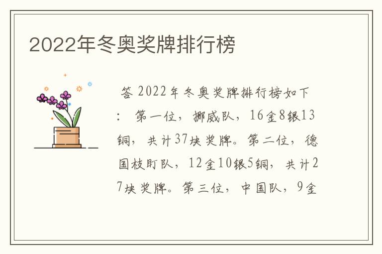 2022年冬奥奖牌排行榜