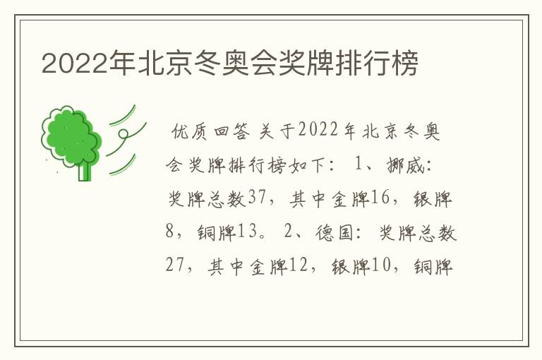 2022年北京冬奥会奖牌排行榜