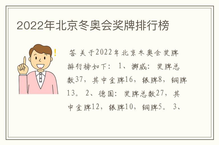 2022年北京冬奥会奖牌排行榜