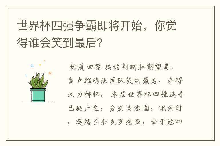 世界杯四强争霸即将开始，你觉得谁会笑到最后？