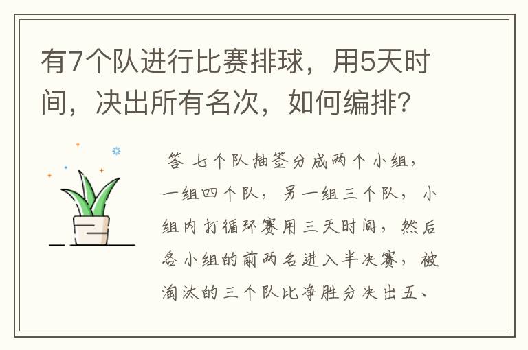 有7个队进行比赛排球，用5天时间，决出所有名次，如何编排？（每队每天最多打一场）