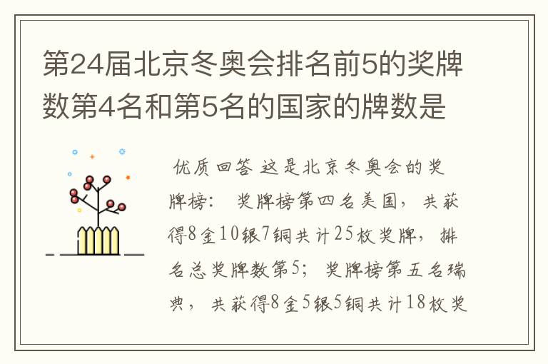 第24届北京冬奥会排名前5的奖牌数第4名和第5名的国家的牌数是多少？