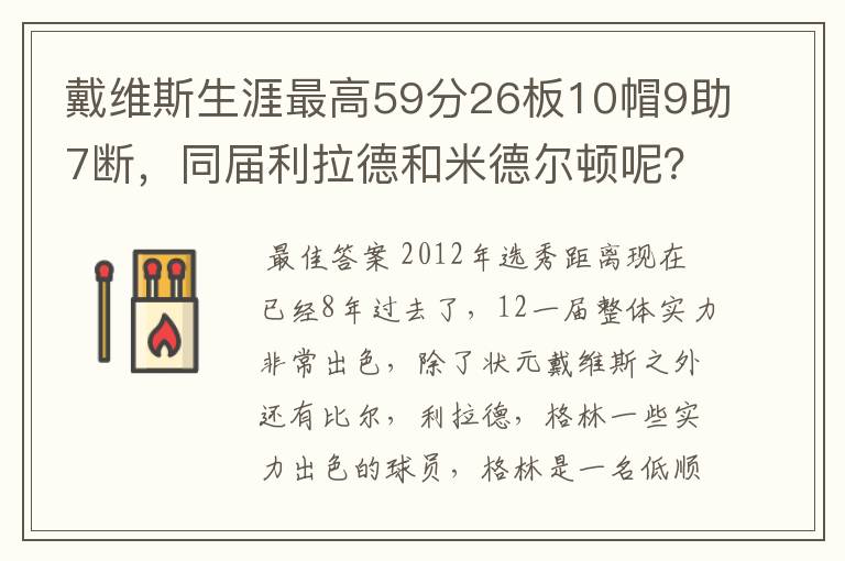 戴维斯生涯最高59分26板10帽9助7断，同届利拉德和米德尔顿呢？