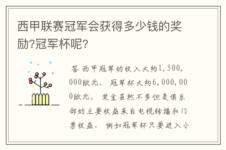 西甲联赛冠军会获得多少钱的奖励?冠军杯呢?