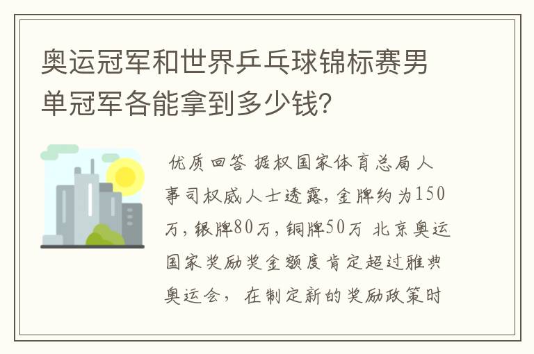 奥运冠军和世界乒乓球锦标赛男单冠军各能拿到多少钱？