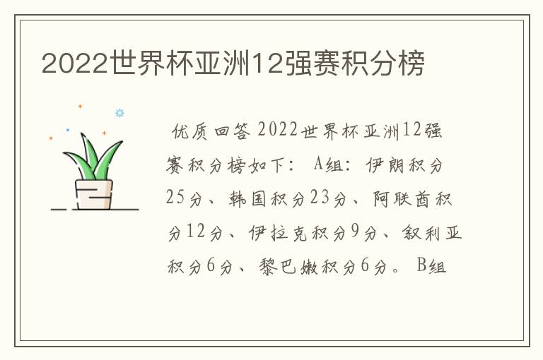 2022世界杯亚洲12强赛积分榜