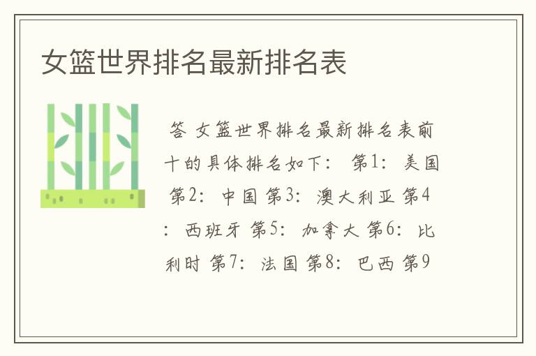 女篮世界排名最新排名表