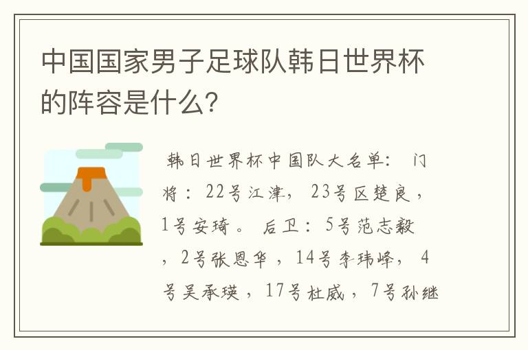 中国国家男子足球队韩日世界杯的阵容是什么？