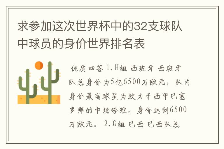 求参加这次世界杯中的32支球队中球员的身价世界排名表