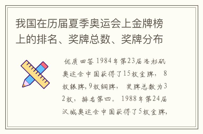 我国在历届夏季奥运会上金牌榜上的排名、奖牌总数、奖牌分布等情况