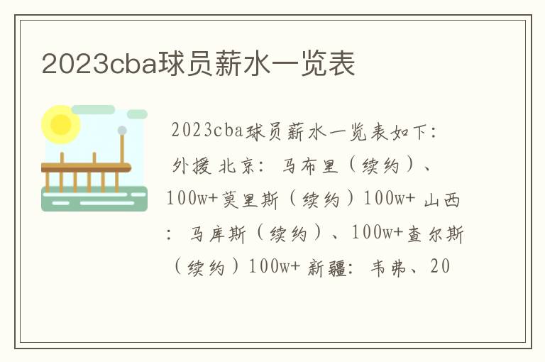 2023cba球员薪水一览表