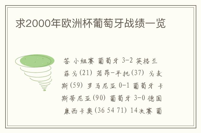 求2000年欧洲杯葡萄牙战绩一览