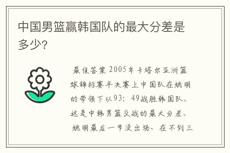 中国男篮赢韩国队的最大分差是多少?