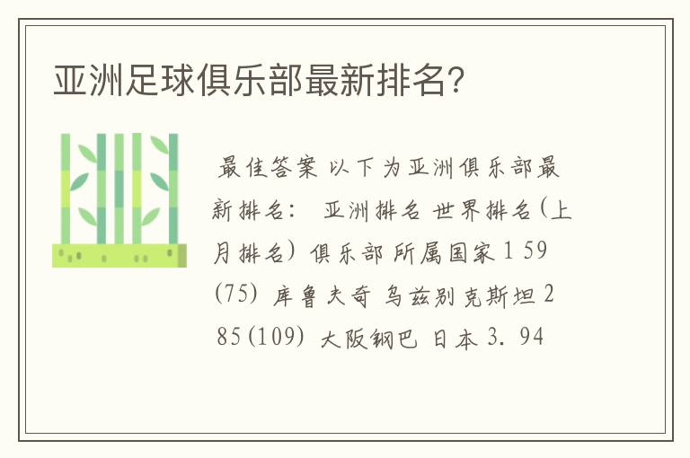 亚洲足球俱乐部最新排名？