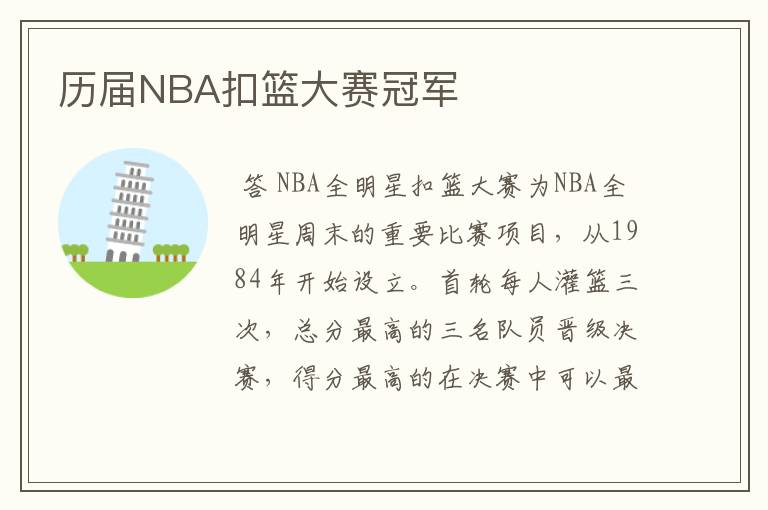 历届NBA扣篮大赛冠军