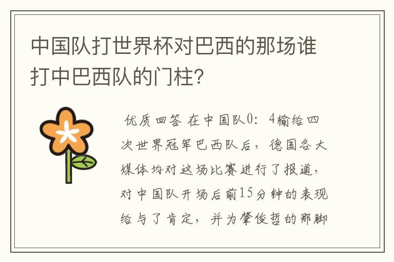 中国队打世界杯对巴西的那场谁打中巴西队的门柱？