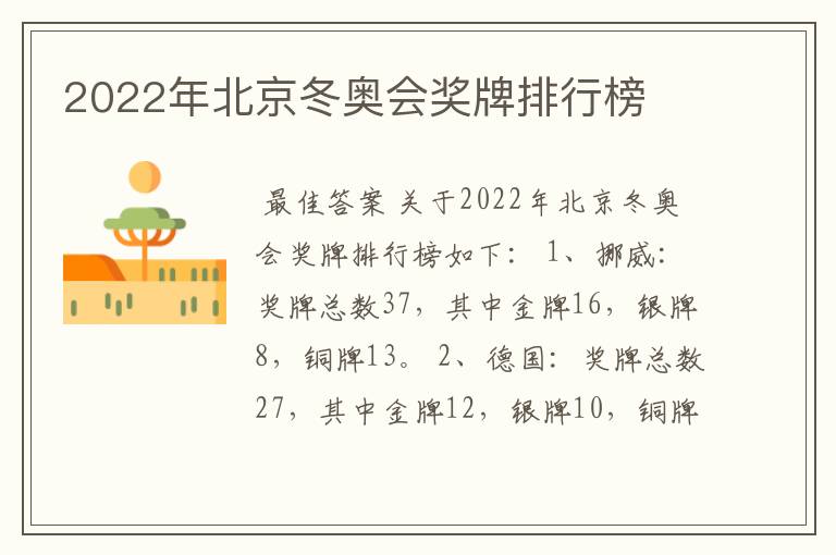 2022年北京冬奥会奖牌排行榜