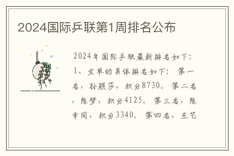 2024国际乒联第1周排名公布