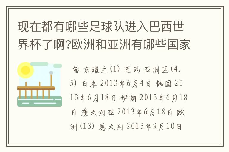 现在都有哪些足球队进入巴西世界杯了啊?欧洲和亚洲有哪些国家啊?