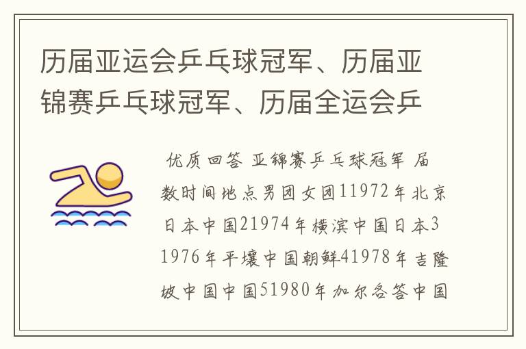 历届亚运会乒乓球冠军、历届亚锦赛乒乓球冠军、历届全运会乒乓球冠军？