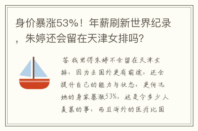 身价暴涨53%！年薪刷新世界纪录，朱婷还会留在天津女排吗？