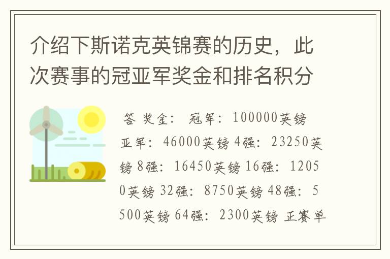 介绍下斯诺克英锦赛的历史，此次赛事的冠亚军奖金和排名积分各是多少？