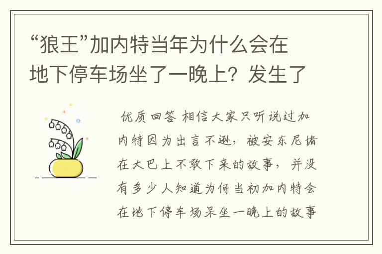 “狼王”加内特当年为什么会在地下停车场坐了一晚上？发生了什么？