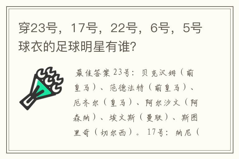 穿23号，17号，22号，6号，5号球衣的足球明星有谁？