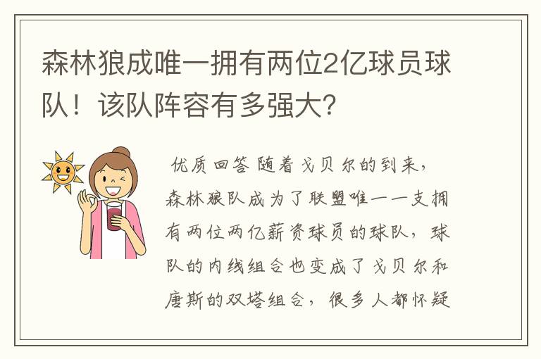 森林狼成唯一拥有两位2亿球员球队！该队阵容有多强大？