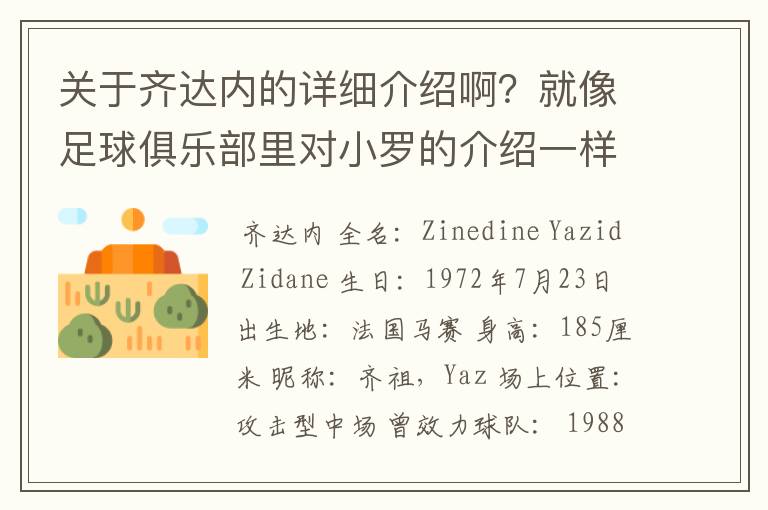 关于齐达内的详细介绍啊？就像足球俱乐部里对小罗的介绍一样，要从幼年开始的特别是他的坎坷的那一段