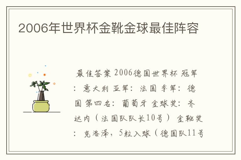 2006年世界杯金靴金球最佳阵容