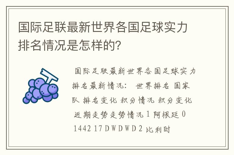 国际足联最新世界各国足球实力排名情况是怎样的？