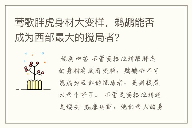 莺歌胖虎身材大变样，鹈鹕能否成为西部最大的搅局者？