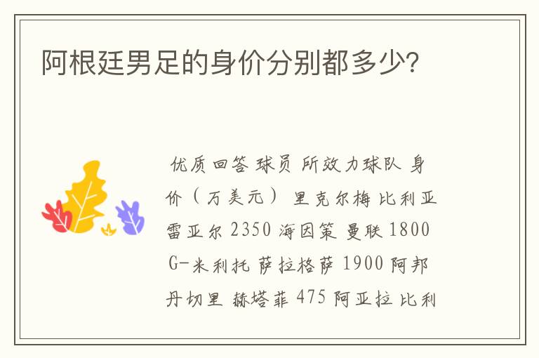 阿根廷男足的身价分别都多少？