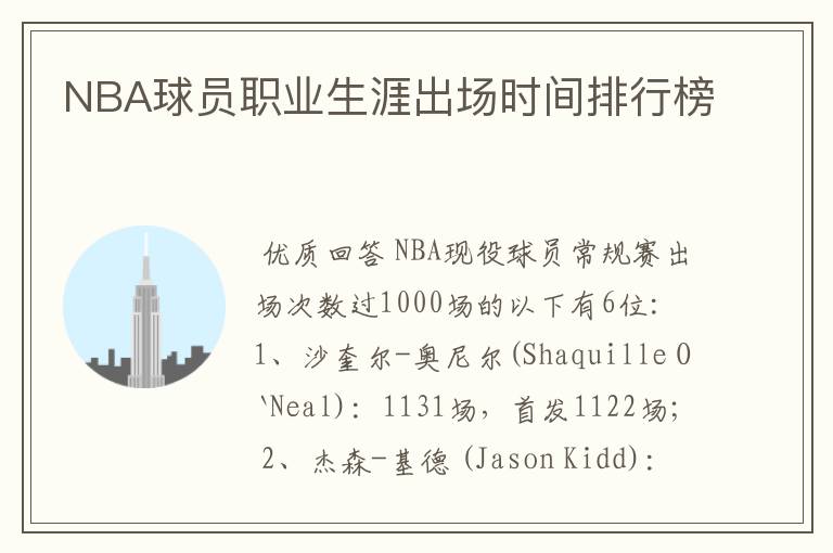 NBA球员职业生涯出场时间排行榜